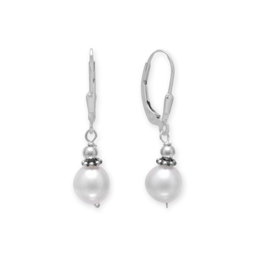 White Cultured Freshwater Pearl with Bali Bead Lever Earrings