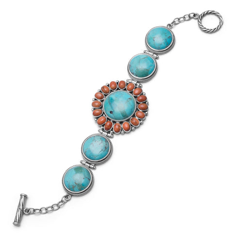 7.5" Reconstituted Turquoise and Coral Sunburst Toggle Bracelet