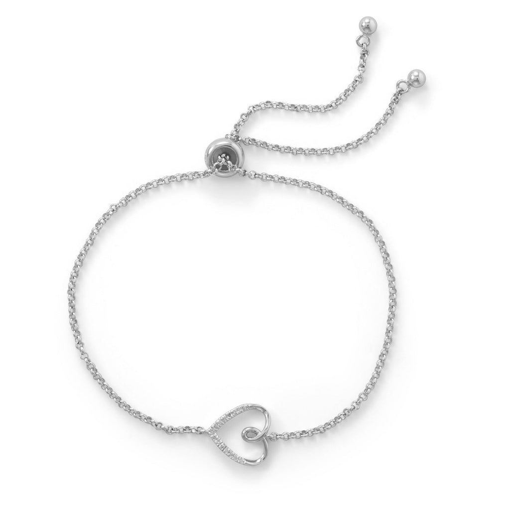 Rhodium Plated Sideways Heart Bolo Bracelet with Diamonds