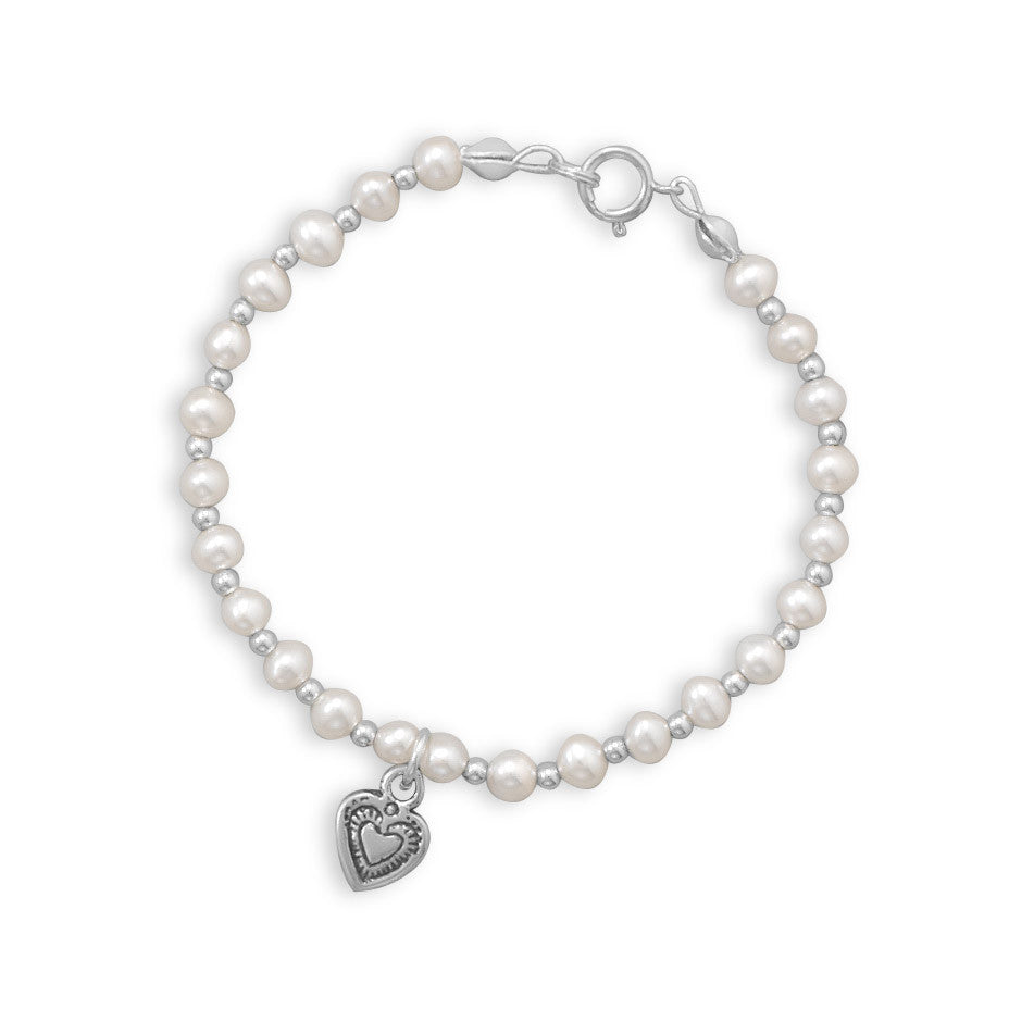 6" Cultured Freshwater Pearl and Oxidized Heart Bracelet