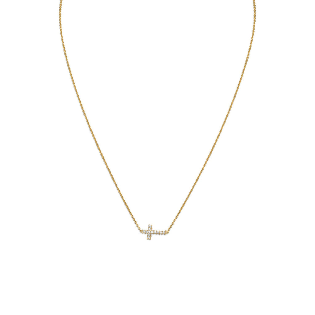 16" 14 Karat Gold Plated Necklace with Sideways CZ Cross