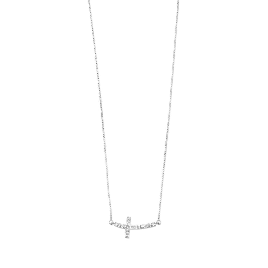 Rhodium Plated Sideways Cross Necklace with Diamonds