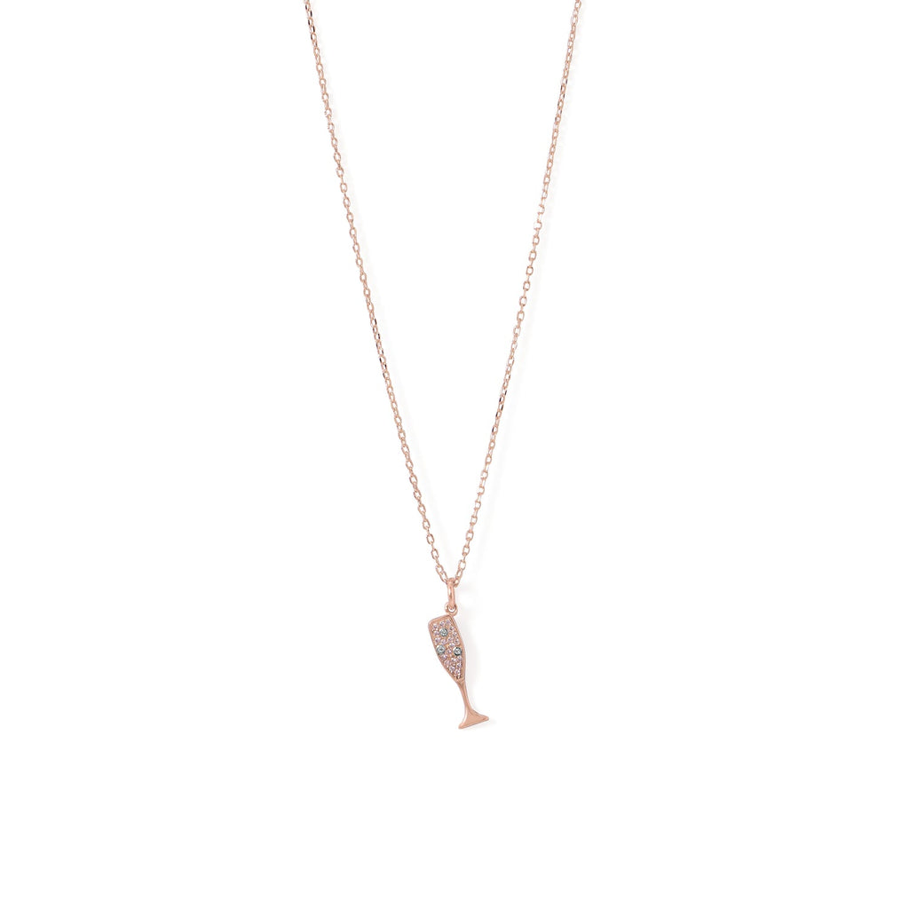 14 Karat Rose Gold Plated CZ Champagne Glass Charm Necklace