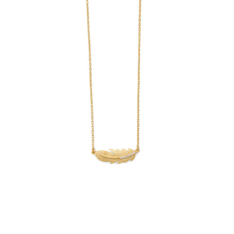 18 Karat Gold Plated Sideways CZ Feather Necklace