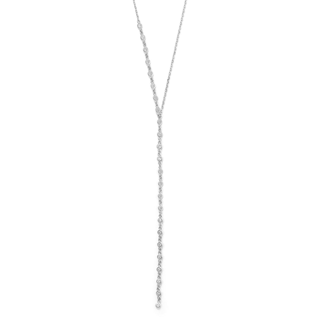 16"+2 Rhodium Plated Bezel CZ Lariat Necklace