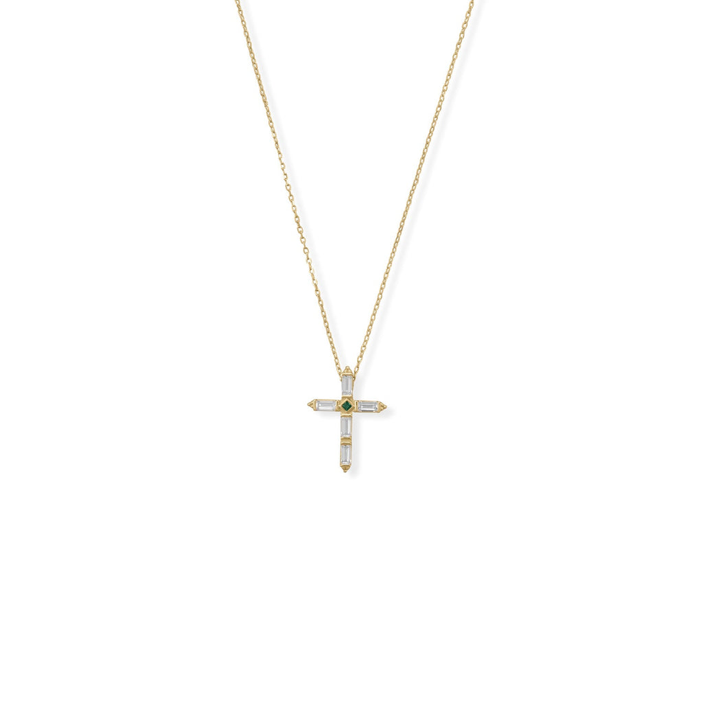 Bodacious Baguettes! 16" + 2" White and Green CZ Cross Necklace