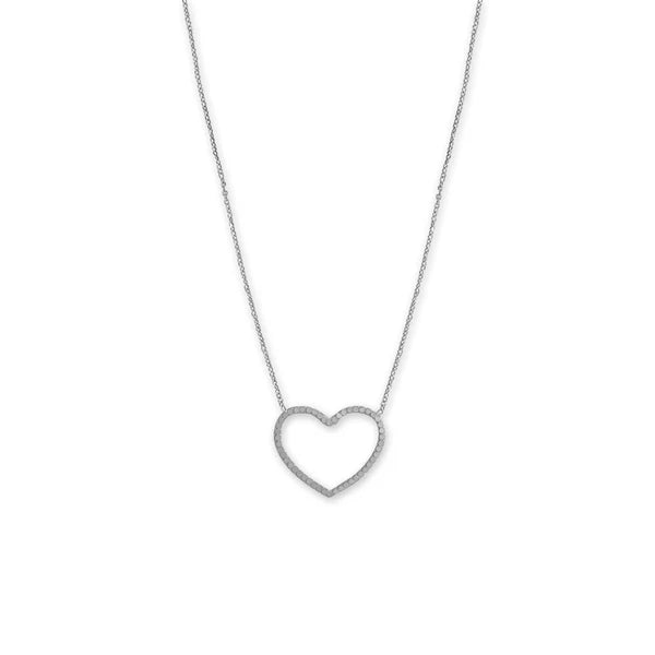 16" + 2" Rhodium Plated Diamond Cut Heart Outline Necklace - Matador Diamond