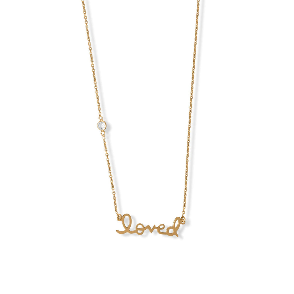 16" + 2" 14 Karat Gold Plated CZ "Loved" Necklace