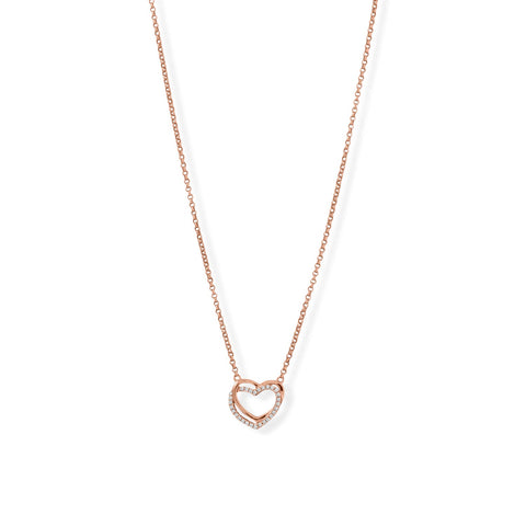 15" + 2" 14 Karat Rose Gold Plated CZ Double Heart Necklace