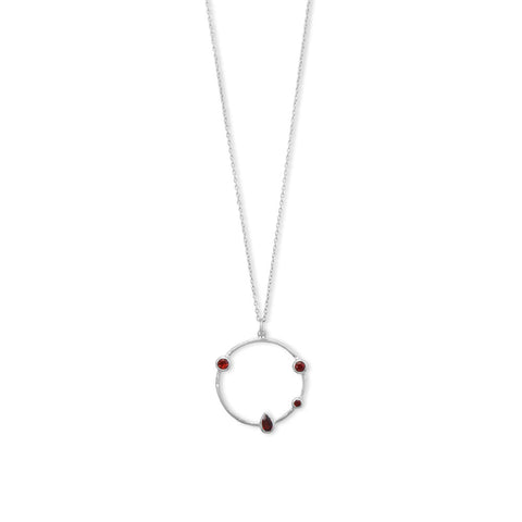 16" + 2" Rhodium Plated Garnet and Hammered Circle Necklace