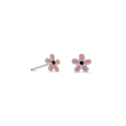 Pink and Black Enamel Flower Stud Earrings