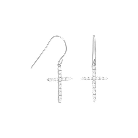 Rhodium Plated CZ Cross Drop Earrings