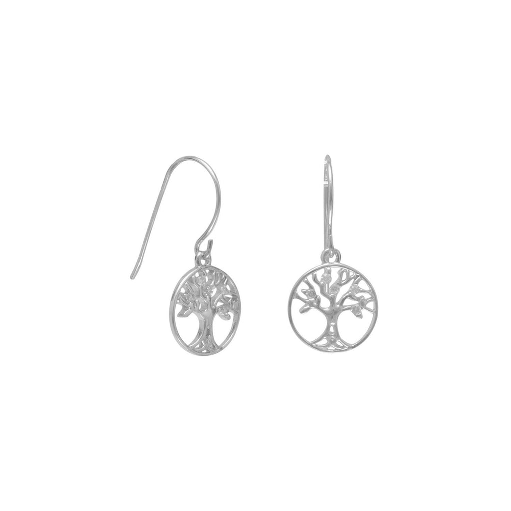 Rhodium Plated CZ Tree of Life Earrings