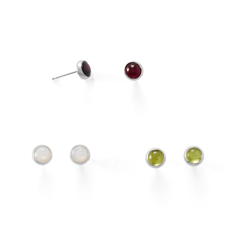 Set of 3 Peridot, Mother of Pearl, and Garnet Button Studs