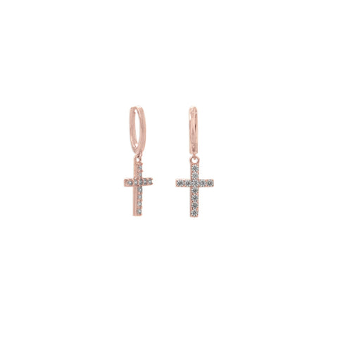 14 Karat Rose Gold Plated Hoop Earrings with CZ Cross