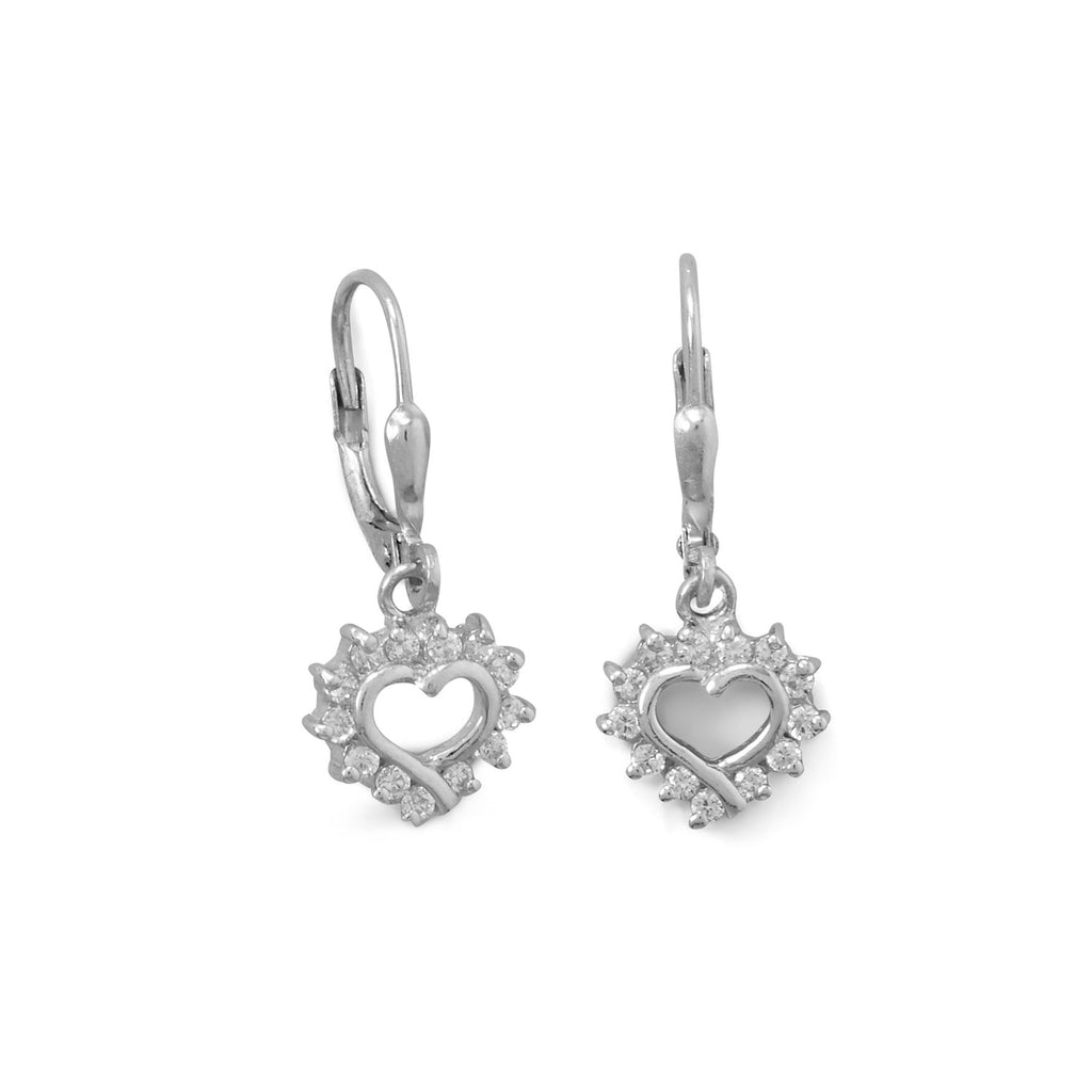 Rhodium Plated Cutout CZ Heart Lever Earrings