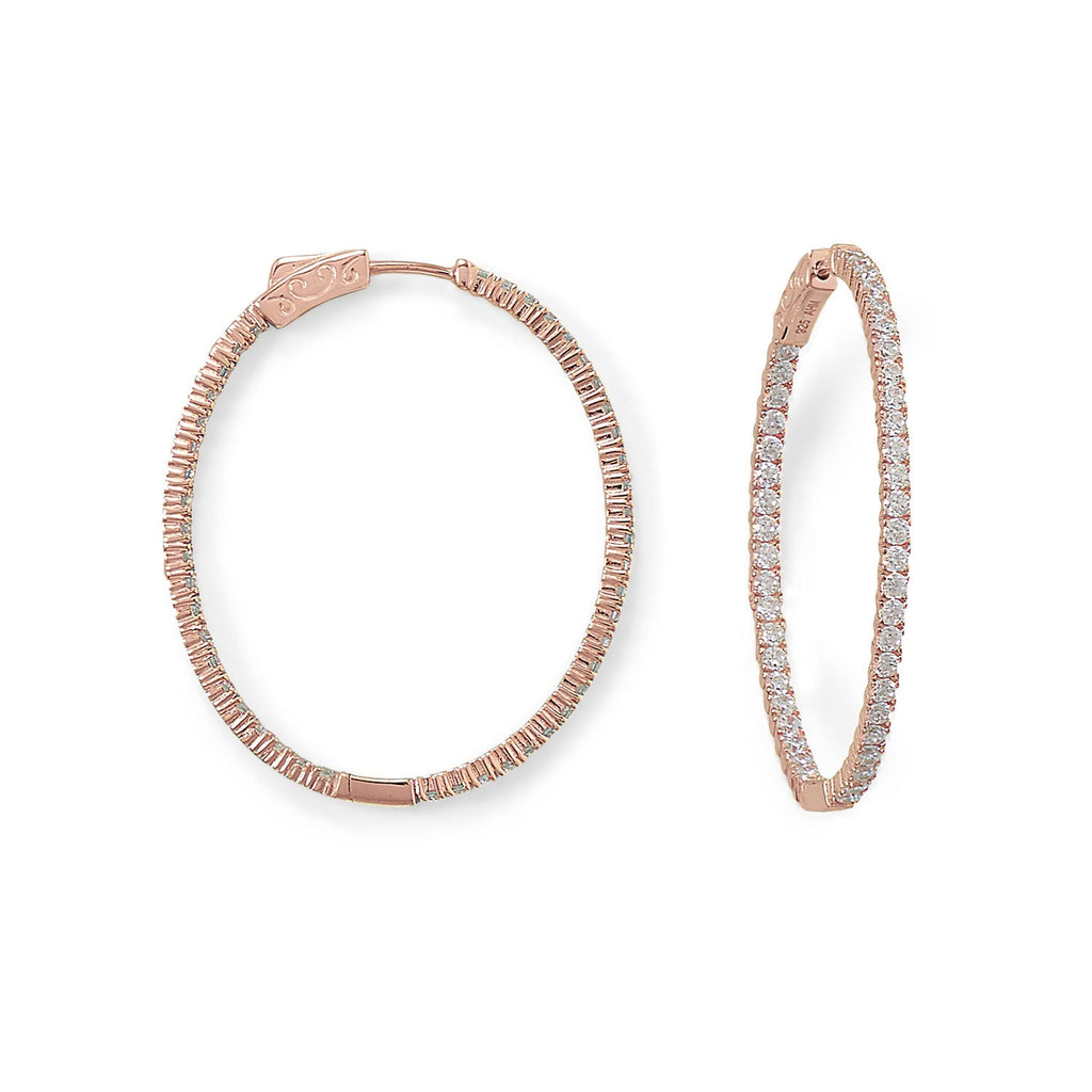 14 Karat Rose Gold Plated Oval In/Out CZ Hoop Earrings