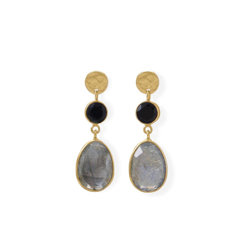 14 Karat Gold Plated Black Onyx and Labradorite Post Earring