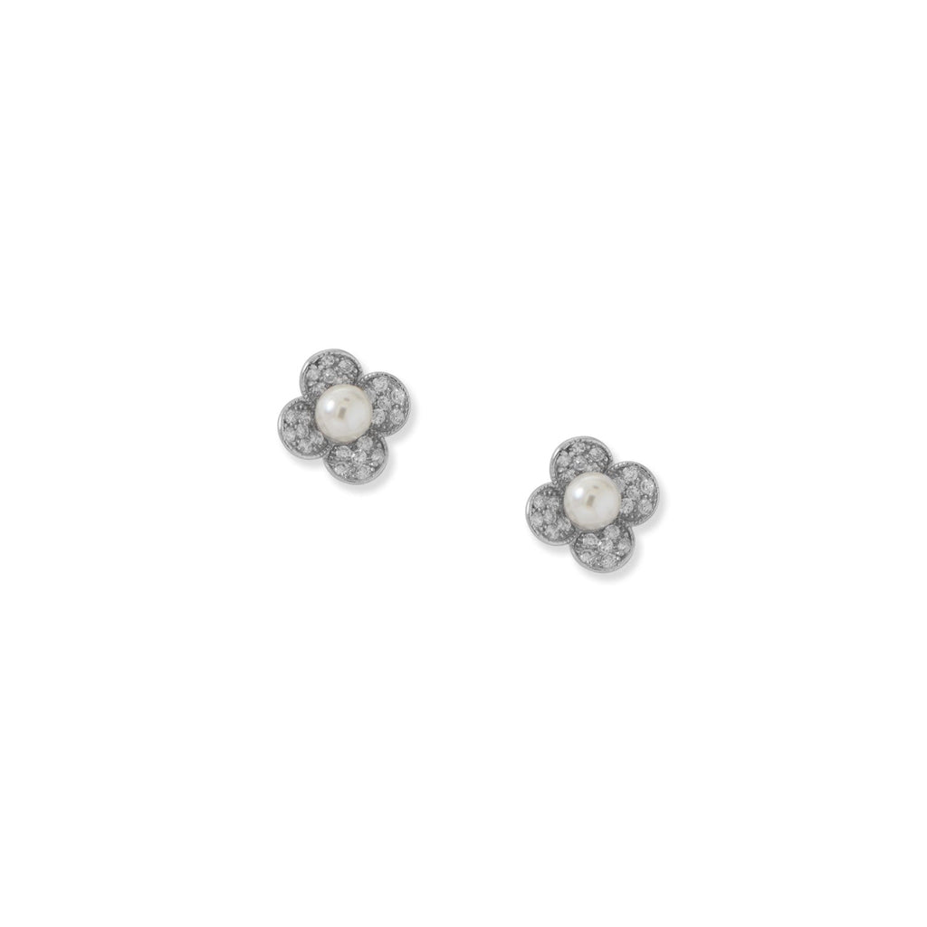 Rhodium Plated Simulated Pearl and Pave CZ Flower Earrings