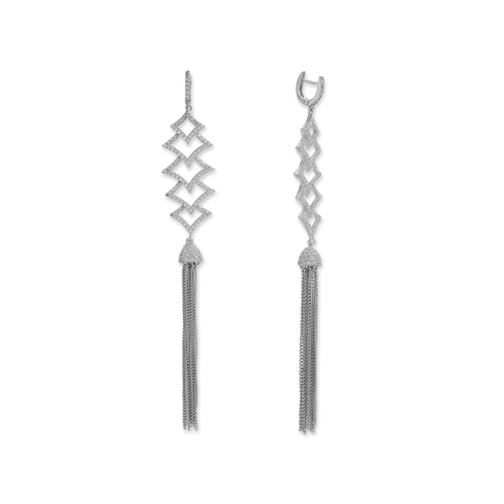 Rhodium Plated CZ Rhombus and Tassel Drop Earrings