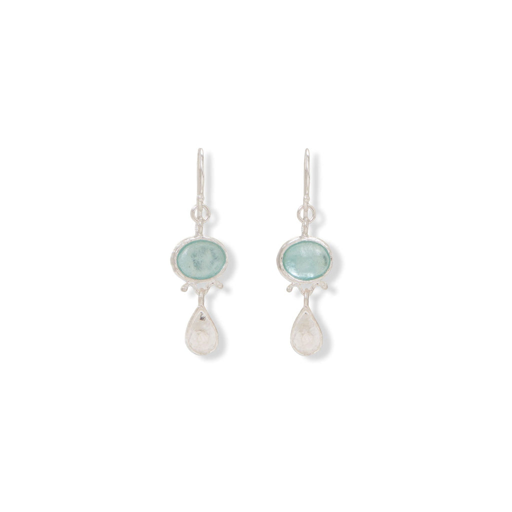 Aqua Oval Roman Glass with Pear Drop Earrings