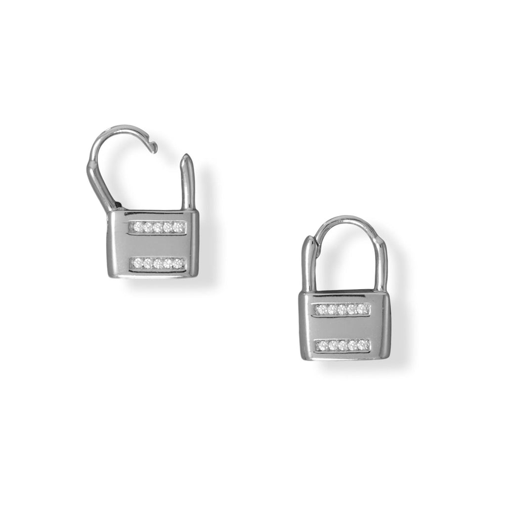 Rhodium Plated CZ Lock Earrings