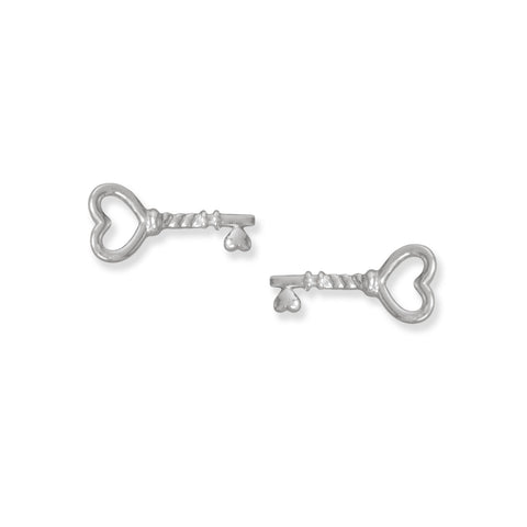 Rhodium Plated Heart Key Stud Earrings