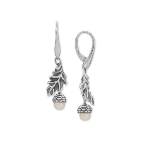 Cultured Freshwater Pearl Acorn and Leaf Lever Earrings