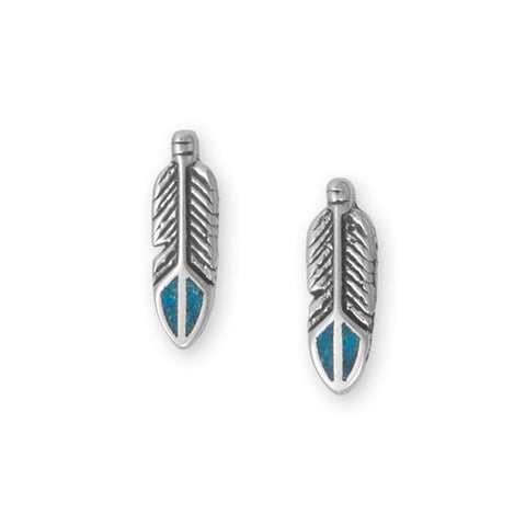 Oxidized Turquoise Chip Inlay Feather Stud Earrings