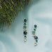 Rhodium Plated Green Multi Stone Long Drop Earrings