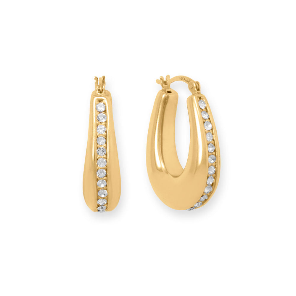 14 Karat Gold Plated Hollow CZ Oblong Hoop Earrings