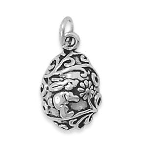 Oxidized Bunny with Flowers Easter Egg Charm