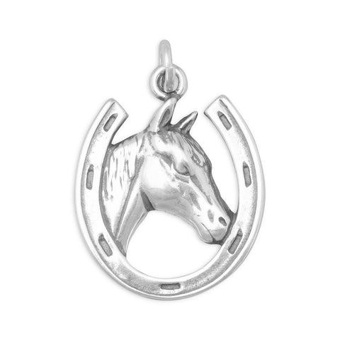 Oxidized Horse in Horseshoe Charm