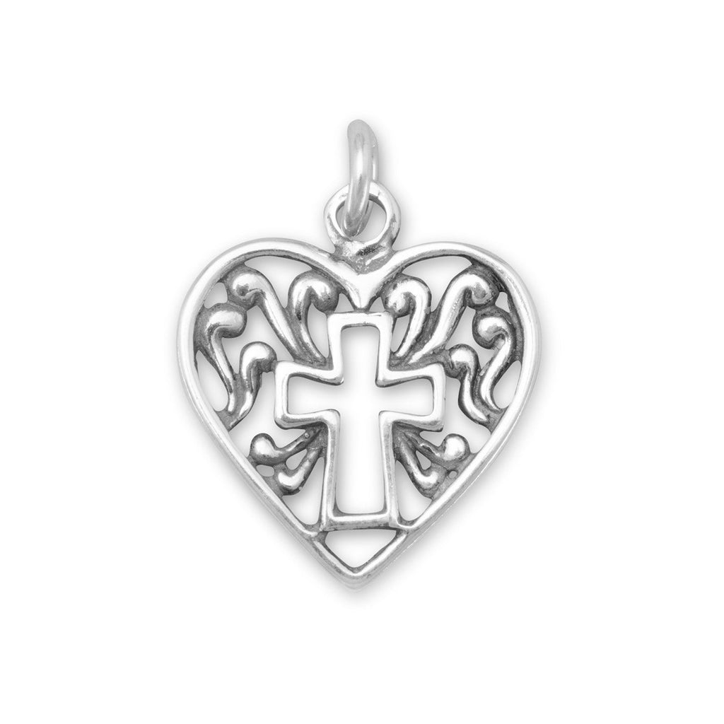 Oxidized Heart Charm with Cross Outline