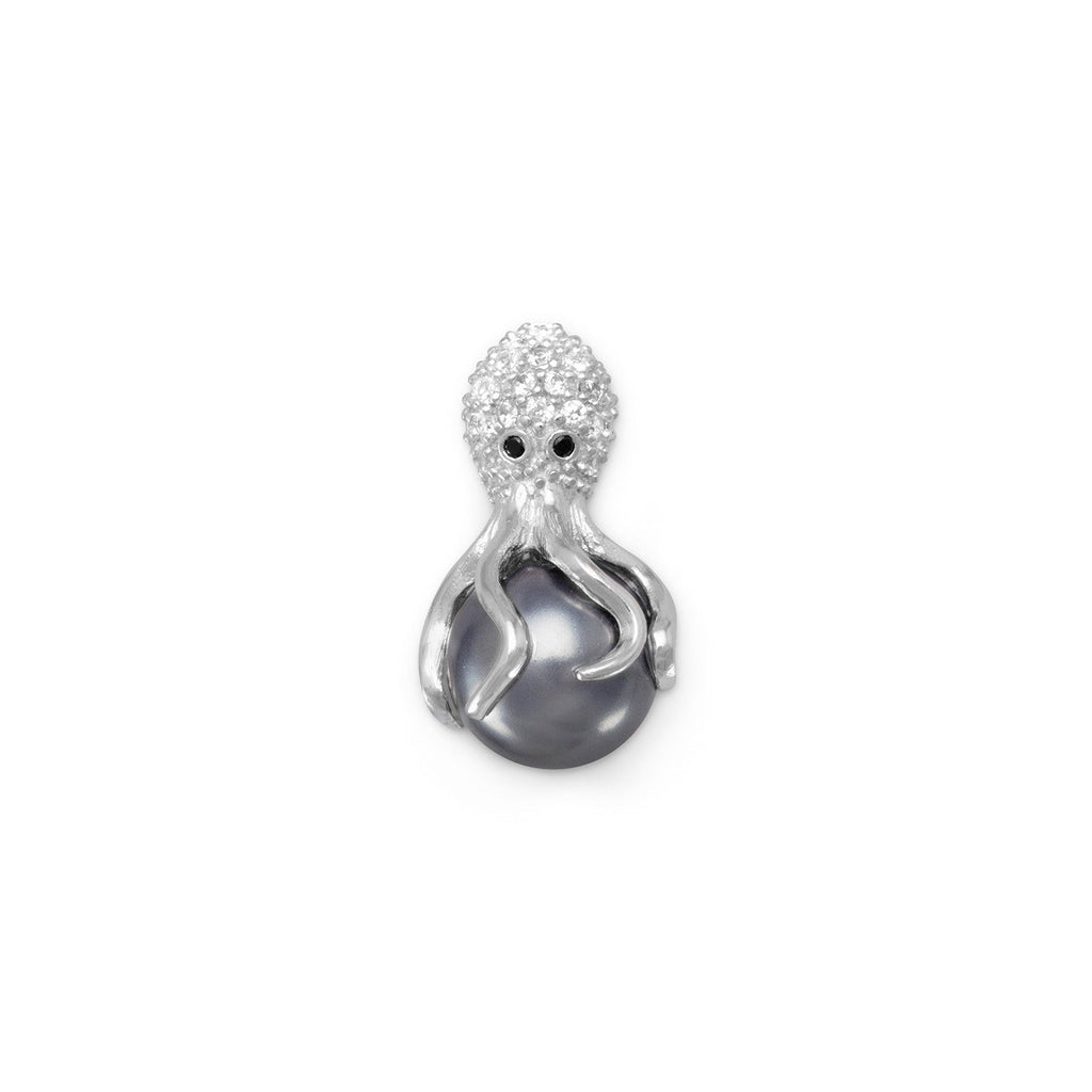 Rhodium Plated CZ and Simulated Pearl Octopus Slide