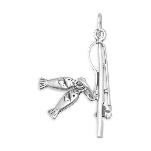 Oxidized 3D Fishing Pole with Fish Charm