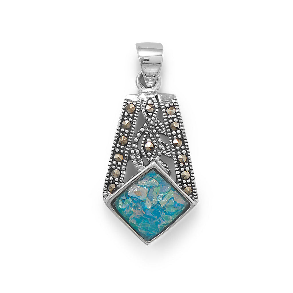 Oxidized Marcasite and Roman Glass Pendant