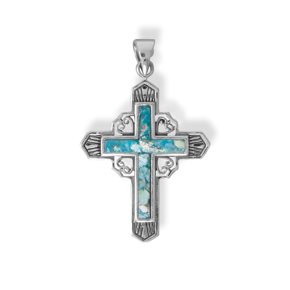 Oxidized Deco Roman Glass Cross Pendant