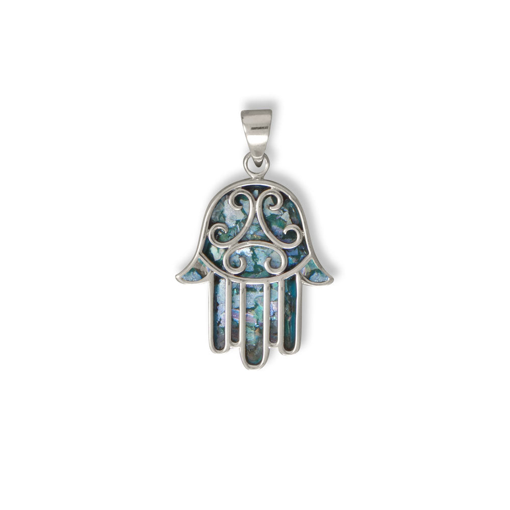 Oxidized Roman Glass Hamsa Pendant