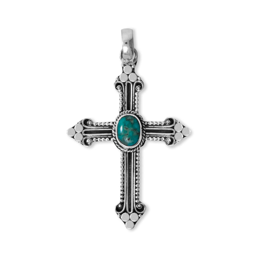 Turquoise Fleur de Lis Style Bali Cross Pendant