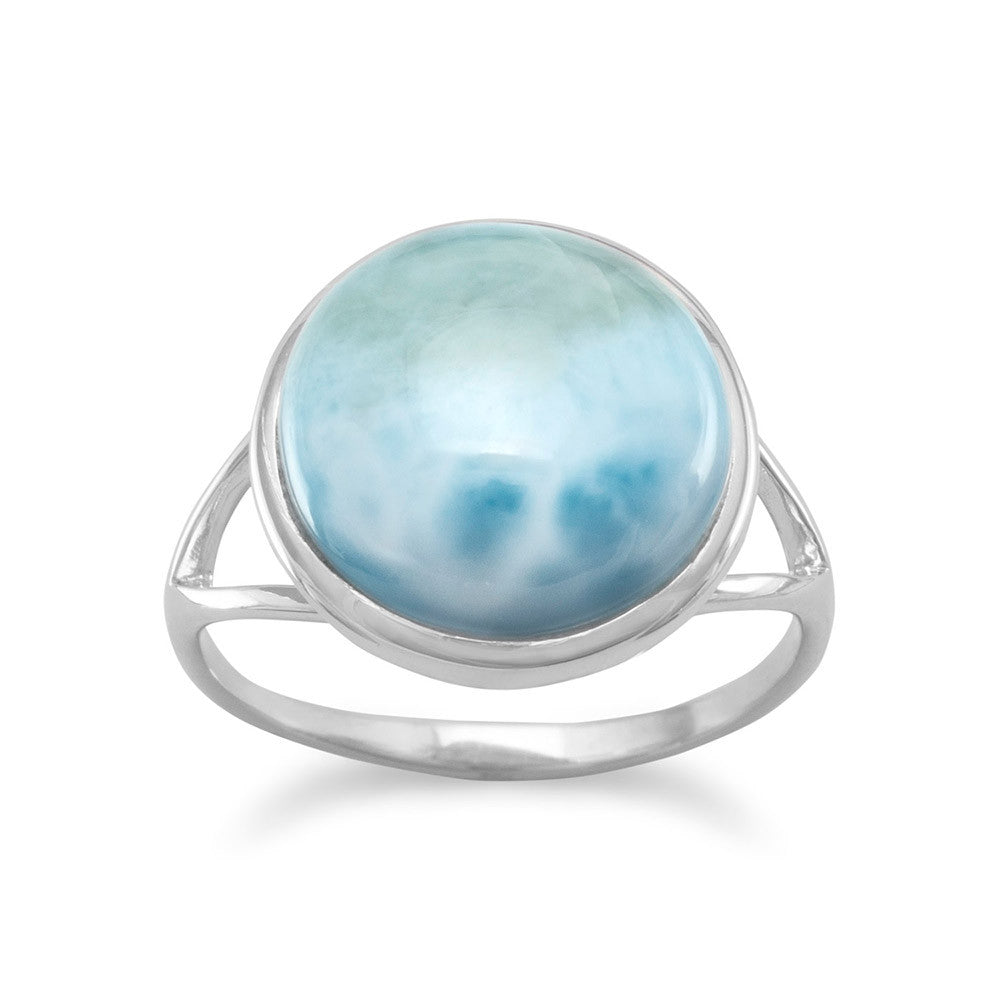 Rhodium Plated Round Larimar Ring