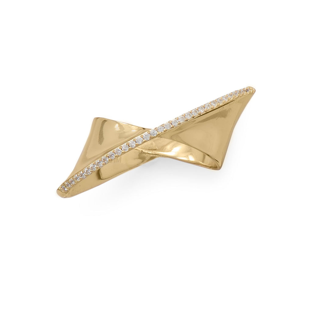 14 Karat Gold Plated Diagonal CZ Ribbon Ring