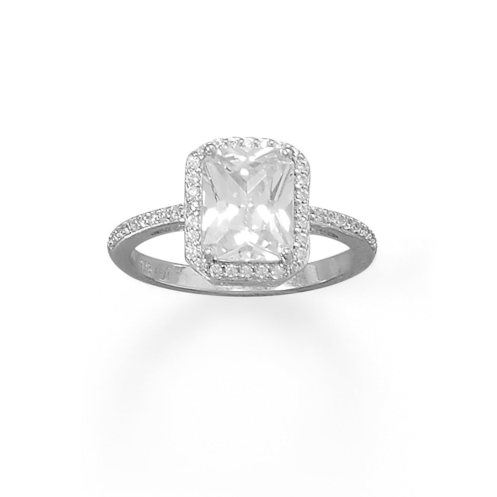 Rhodium Plated Solitaire Rectangle CZ Ring with Halo CZ Edge