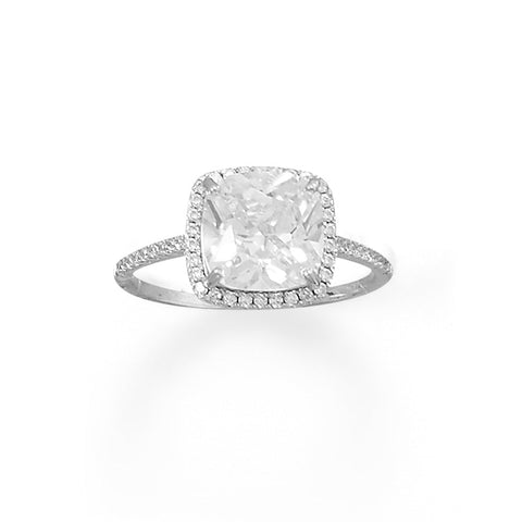 Rhodium Plated Solitaire Square CZ Ring with Halo CZ Edge