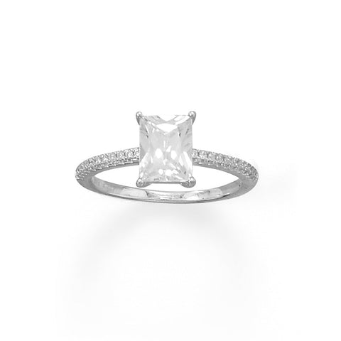 Rhodium Plated Solitaire Princess Cut CZ Ring with CZ Band