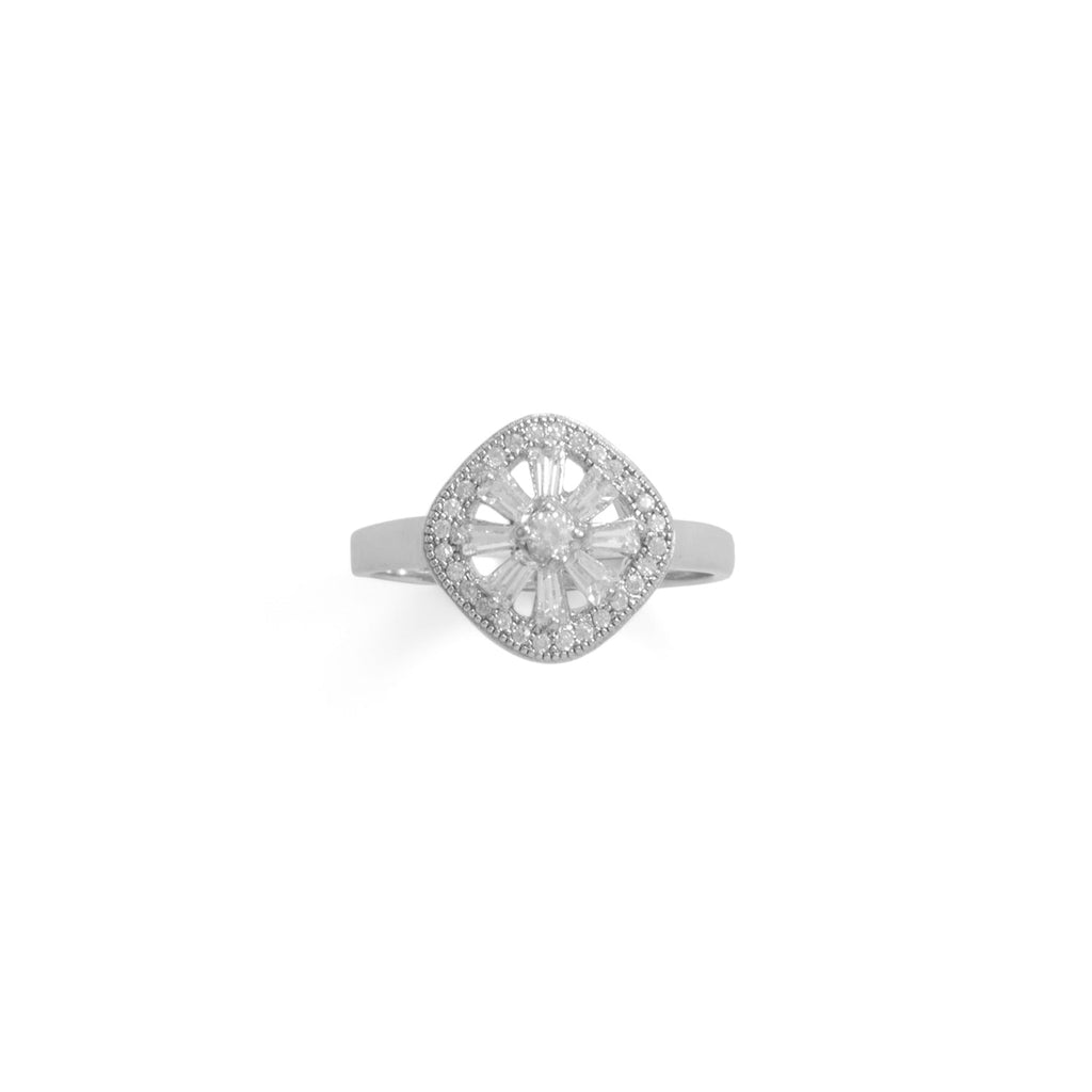 Rhodium Plated Baguette CZ Cushion Shaped Ring