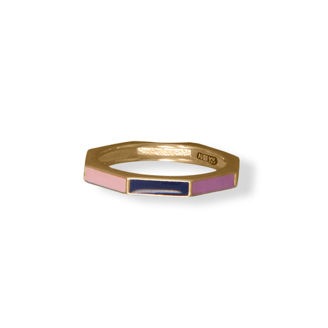 14 Karat Gold Plated Rainbow Enamel Flat Edge Ring