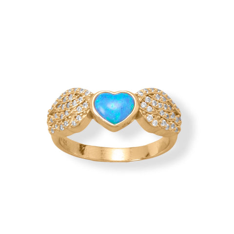 16 Karat Gold Plated CZ Wing and Blue Opal Heart Ring