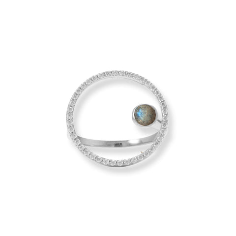 Rhodium Plated Floating Labradorite and CZ Circle Ring