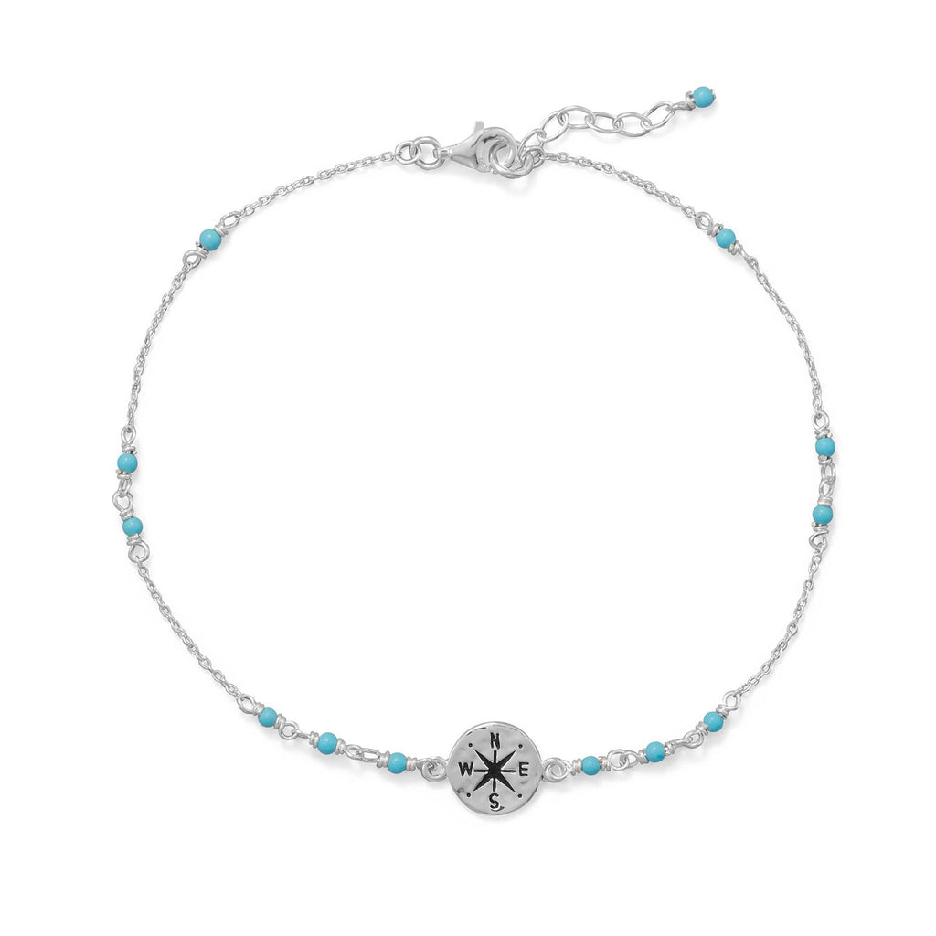 9.25" + .75" Compass and Blue Bead Anklet